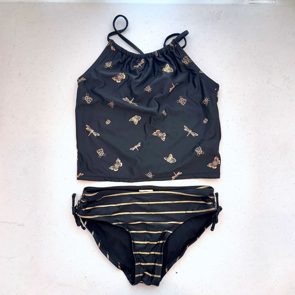 Old Navy Girls Black Gold Dragonfly Butterfly Print‎ Bikini Swimsuit Set Size 7